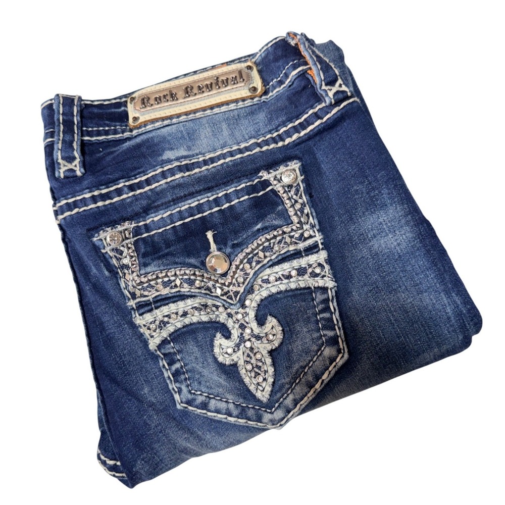 Rock Revival Easy Crop Celinda Size 31 Blue Embellished Western Y2K Cotton Boho